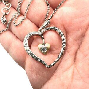 Brighton Womens Necklace Silver Gold Clear Crystal Heart Pendant 16 - 18 Inch